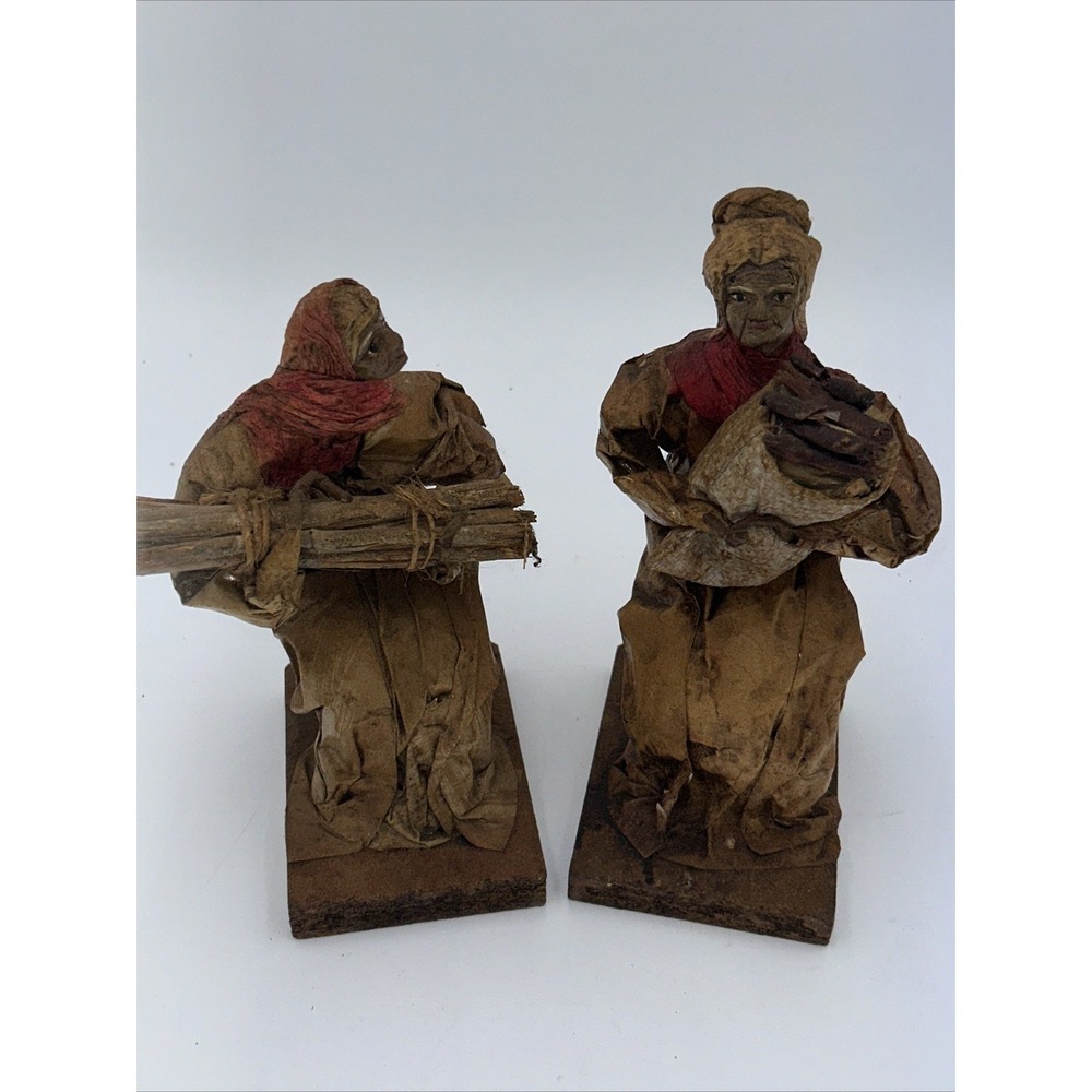 Vtg 1960's Pair FeMale Mexican Sat Paper Mache Dolls Village Handmade Folk Art